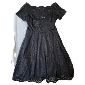 MISSMAY Women Dress M Black Floral Fit & Flare Lace Short Sleeve Off Shoulder